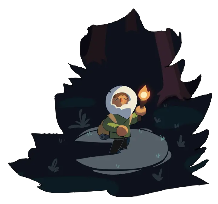 Character lost in a dark forest, holding a torch, visible through clearing in the trees